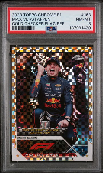 2023 Topps Chrome Formula 1 Gold Checker Flag Max Verstappen #163 /50 PSA 8