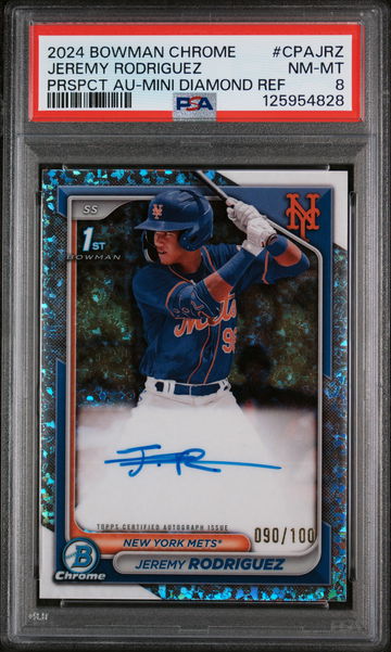 2024 Bowman Chrome Prospect Autographs Prspct Au-Mini Diamond Ref Jermy Rodriguez #CPAJRZ /100 PSA 8