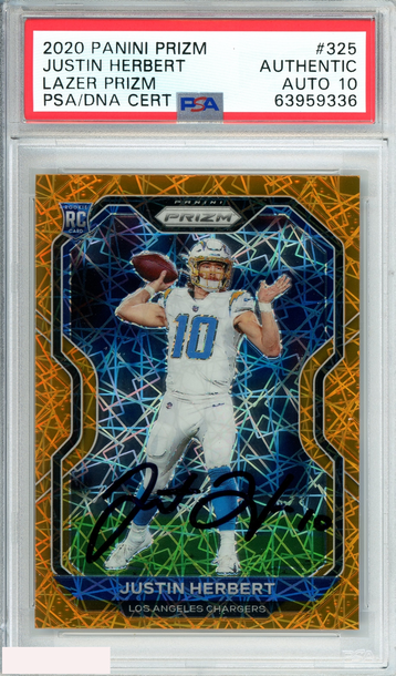 2020 PANINI PRIZM JUSTIN HERBERT #325 LAZER PRIZM RC PSA AUTH AUTO GEM MT 10