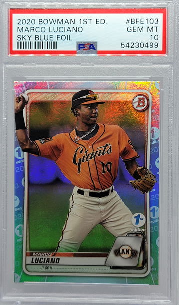 2020 BOWMAN 1ST ED. #BFE103 MARCO LUCIANO SKY BLUE FOIL PSA 10
