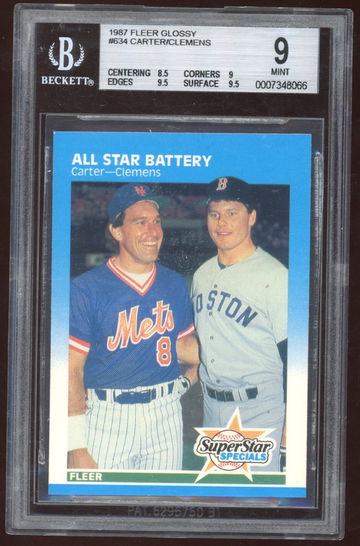 1987 Fleer Glossy #634 Gary Carter & Roger Clemens All Star Battery BGS 9