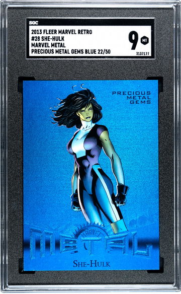 2013 Fleer Marvel Metal Retro SHE-HULK #28 Blue Precious Metal Gems (PMG) 22/50 SGC  9