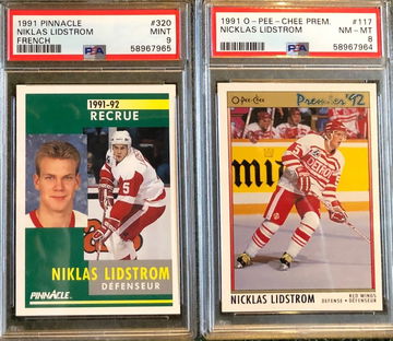 LIDSTROM ROOKIE CARD INVESTMENT LOT: PSA9 FRENCH PINNACLE + PSA8 O-PEE-CHEE-PREMIER *SHIPS FROM CANADA*