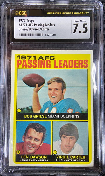 1972 Topps AFC Passing Leaders Griese/ Dawson/ Carter CSG s7.5