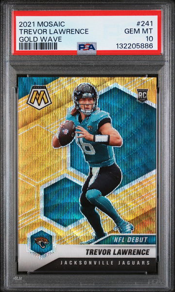 2021 Panini Mosaic Gold Wave Mosaic Trevor Lawrence Deb #241 /17 PSA 10