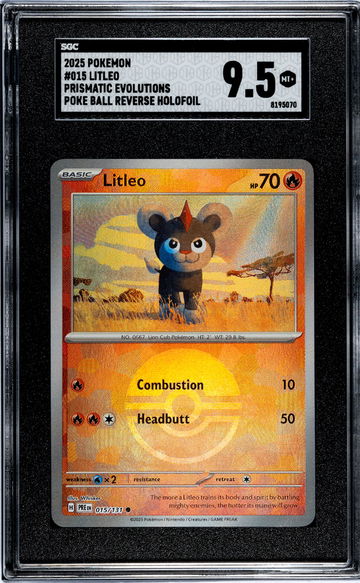 2025 Pokémon Prismatic Evolutions Poké Ball Reverse Holo Litleo #015/131 SGC 9.5