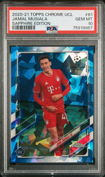 2020 TOPPS CHROME UEFA UCL SAPPHIRE JAMAL MUSIALA #81 RC ROOKIE PSA 10