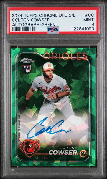 2024 Topps Chrome Sapphire Update Series Chrome Sapphire Autographs Green Colton Cowser #CC /99 PSA 9