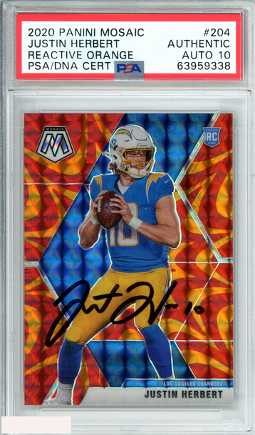 2020 PANINI MOSAIC JUSTIN HERBERT #204 REACTIVE ORANGE PSA AUTH AUTO 10 GEM MT
