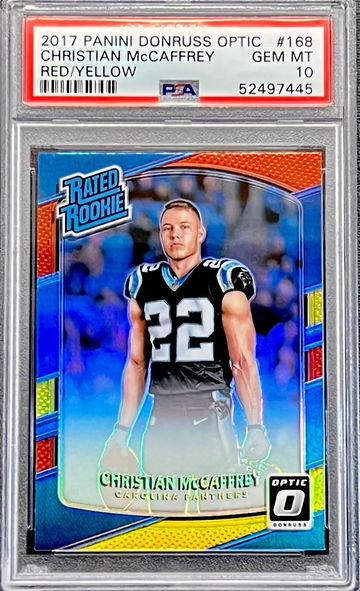 2017 Christian McCaffrey Panini Donruss Optic Red/Yellow #168 PSA 10 GEM MT