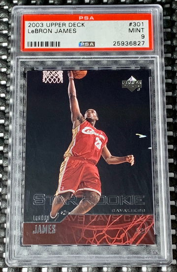 2003-04 Upper Deck Star Rookie #301 LEBRON JAMES Cavs RC PSA 9 Mint Low Pop, Minor Scratching Case Front