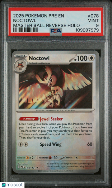 2025 Pokemon Pre EN-Prismatic Evolutions Noctowl Master Ball Reverse Holo PSA 9 #078