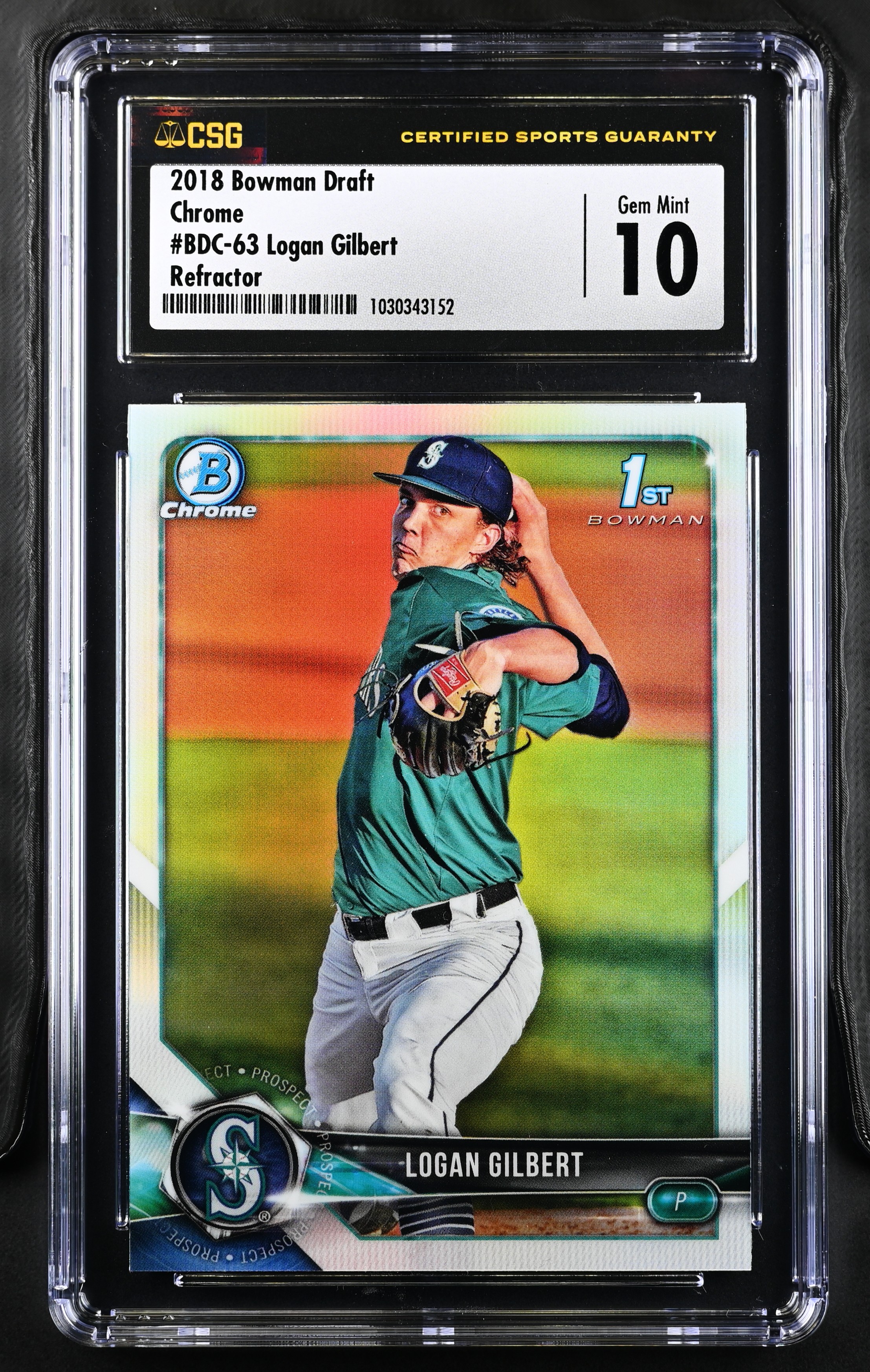 2018 Bowman Draft Logan Gilbert #BDC-63 Chrome Refractor CSG 10