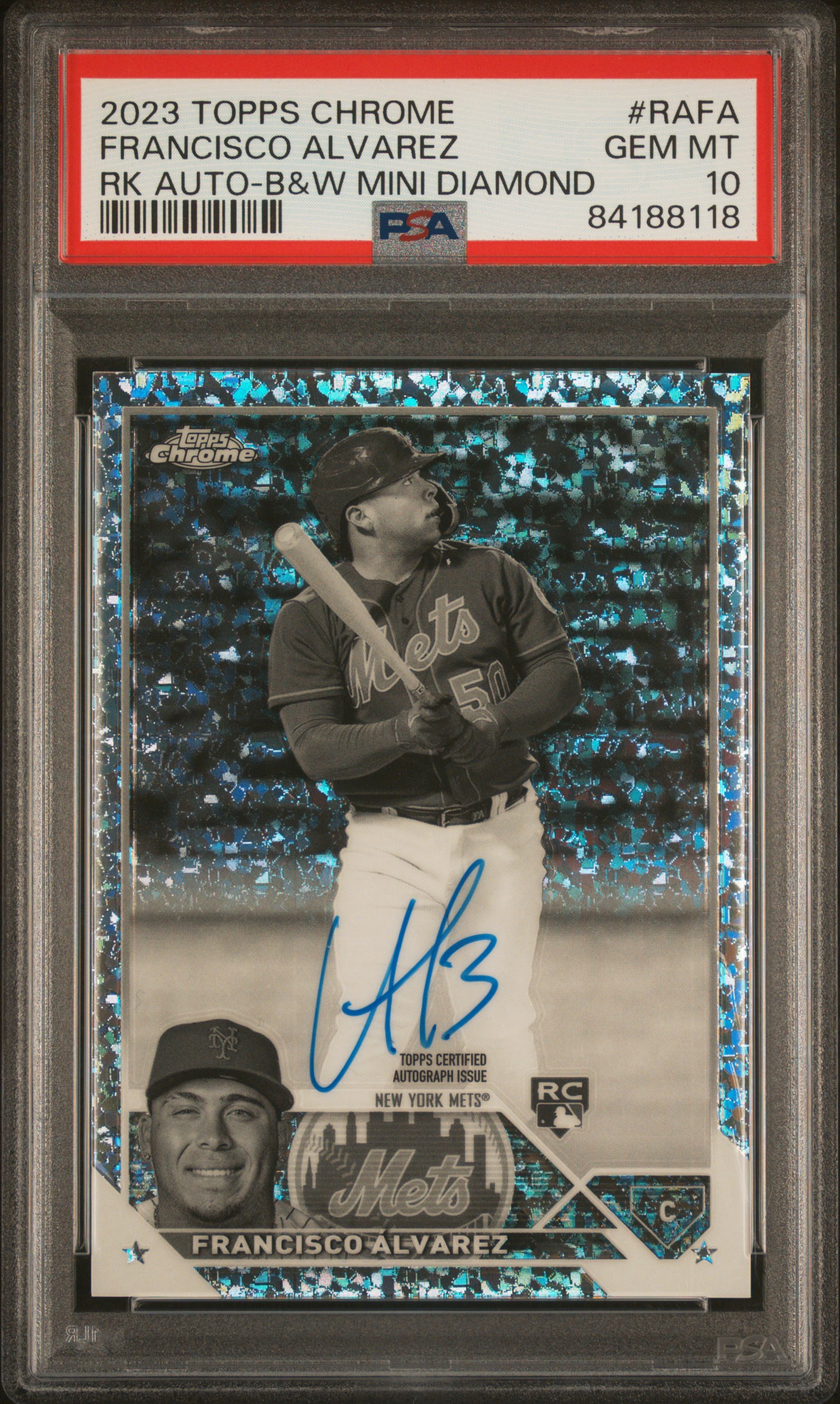 Francisco Alvarez 2023 Topps Chrome Rookie Autograph B&W Mini Diamond PSA 10