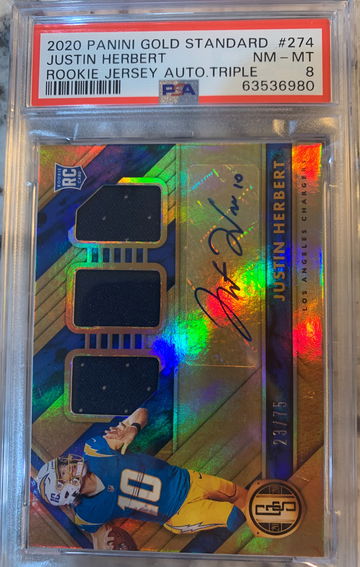 2020 Panini Gold Standard Justin Herbert Triple Patch AUTO. PSA 8 NM-MT