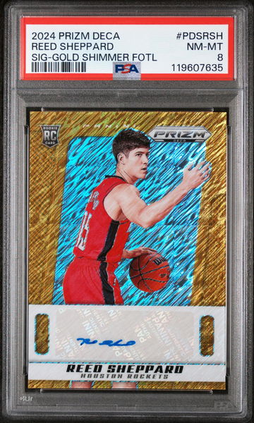 2024 Panini Prizm Deca Prizm Deca Signature Gold Shimmer Fotl Reed Sheppard #PDS-RSH /10 PSA 8
