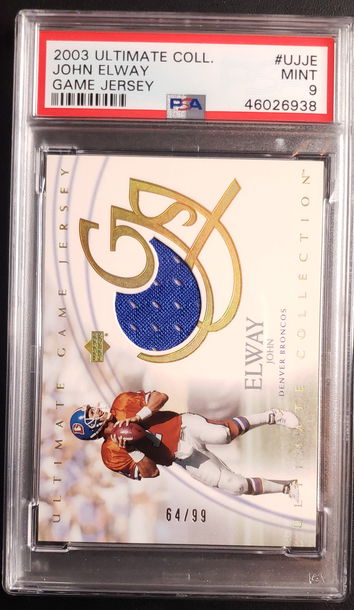 2003 ULTIMATE COLLECTION #UJJE JOHN ELWAY GAME JERSEY 64/99 PSA 9