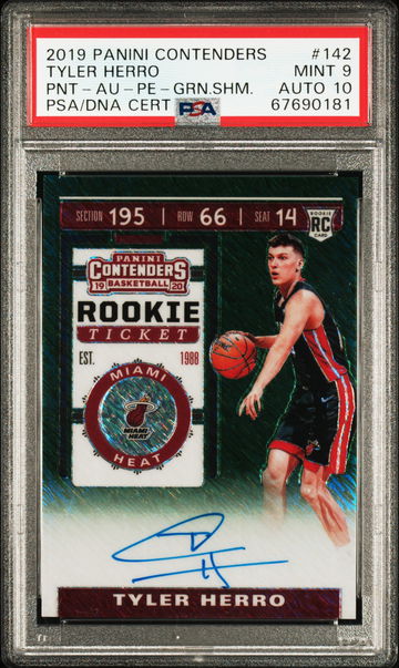 TYLER HERRO 2019 PANINI CONTENDERS | POINTING-AUTOGRAPH-PREMIUM EDITION-GREEN SHIMMER PSA9