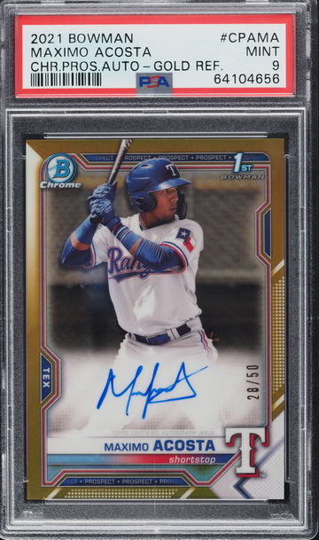 2021 BOWMAN CHROME GOLD REFRACTOR MAXIMO ACOSTA ROOKIE AUTO /50 #CPA-MA PSA 9
