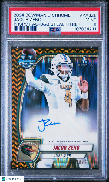 2024 Bowman University Chrome Bowman Chrome Prospect Autographs Jacob Zeno #PAJZE Prspct Au-B&G Stealth Ref PSA 9