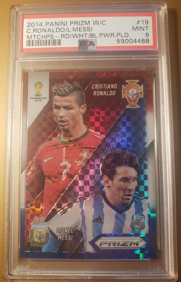 HOT! 2014 Panini Prizm Ronaldo Messi Matchups Red Blue Power Plaid Refractor #19 PSA 9 Only 1 card ever graded higher!