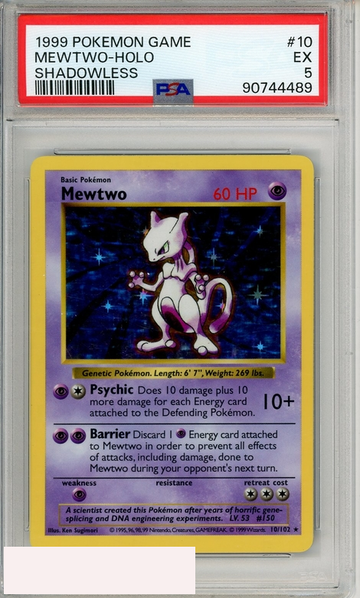 1999 POKEMON GAME MEWTWO-HOLO #10 SHADOWLESS PSA 5 EX