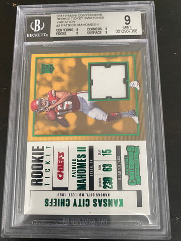 2017 Contenders Rookie Ticket Swatches #3 Patrick Mahomes II RC BGS 9 Mint! QB 