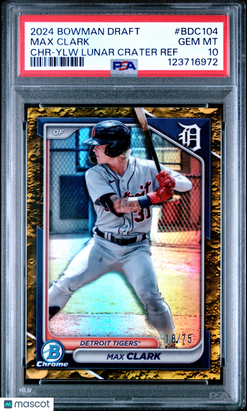 2024 Bowman Draft Max Clark #BDC104 CHR Ylw Lunar Crater Ref /75 PSA 10