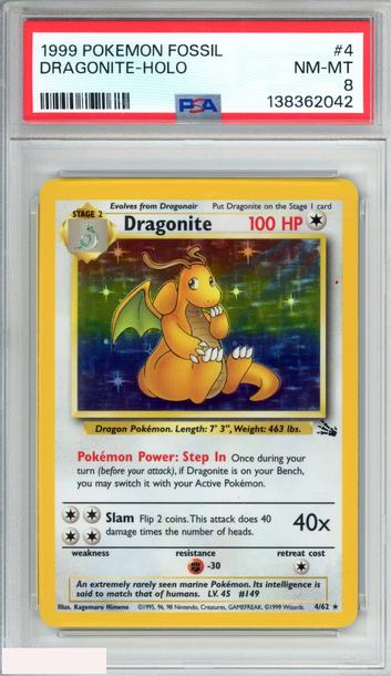 1999 POKEMON FOSSIL DRAGONITE HOLO #4 PSA 8 NM-MT