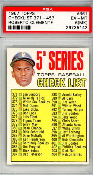 1967 TOPPS 5TH SERIES CHECKLIST ROBERTO CLEMENTE PSA 6 (MK)
