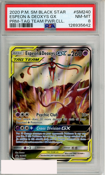 2020 PKMN SM BSP ESPEON DEOXYS GX #SM240 PRM-TAG TEAM PWR CLL PSA 8