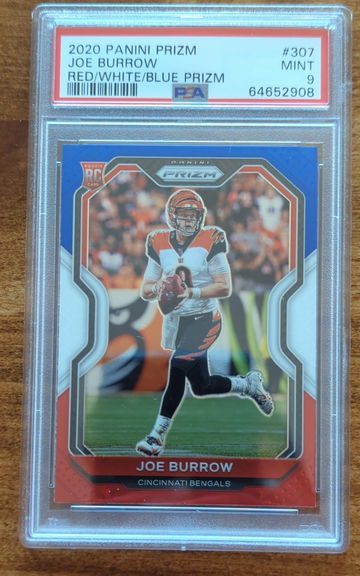 2020 Panini Prizm Joe Burrow Red/White/Blue Prizm PSA 9