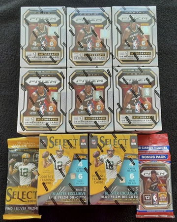 (6) 2021 Panini Prizm Blaster Boxes + Cello Fat Pack & (2) 2021 Select Football Blaster Boxes + Fat Cello Pack