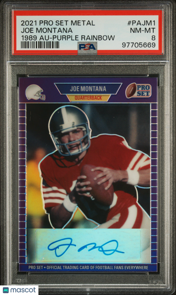2021 Pro Set Metal 1989 Autograph Joe Montana #PAJM1 Purple Rainbow PSA 8