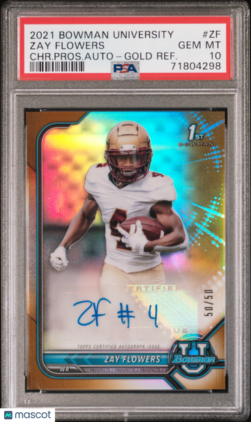 2021 Bowman University Chrome Prospect Autographs Zay Flowers #ZF Auto Gold Refractor /50 Rookie PSA 10