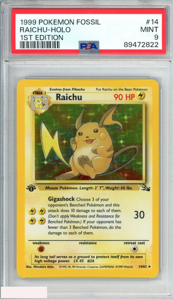 1999 POKEMON FOSSIL RAICHU HOLO #14 1ST EDITION PSA 9 MINT