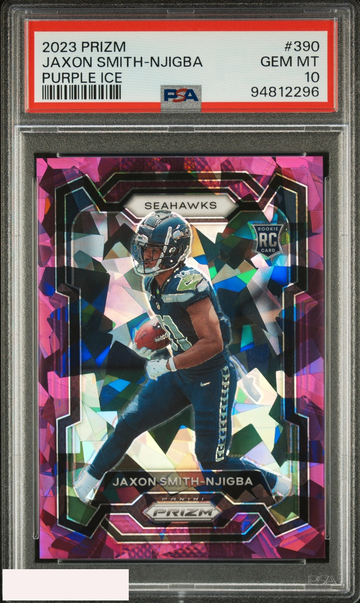 2023 PANINI PRIZM JAXON SMITH-NJIGBA #390 PURPLE ICE 112 OF 225 ROOKIE RC PSA 10