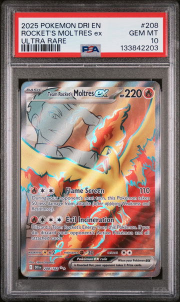 2025 Pokemon Destined Rivals Ultra Rare Holo Team Rocket’S Moltres Ex #208 /133842203 PSA 10
