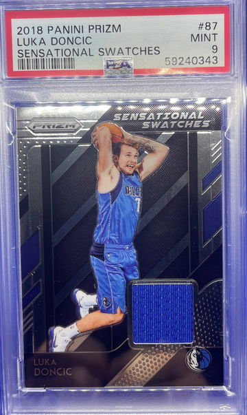 2018-19 Luka Doncic Panini Prizm Sensational Swatches PSA 9 Mint SP RC Dallas