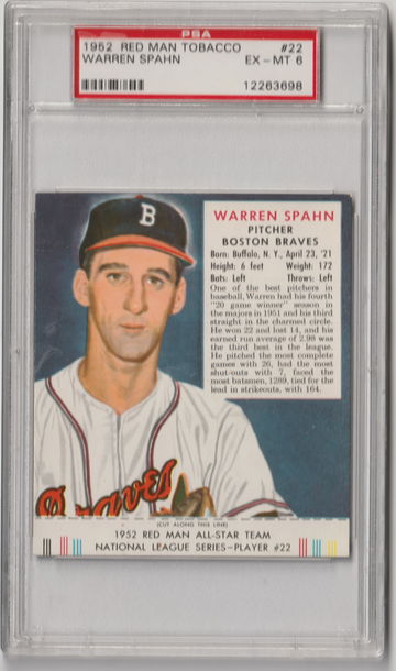 1952 Red Man With Tab HOFer Warren Spahn, PSA 6