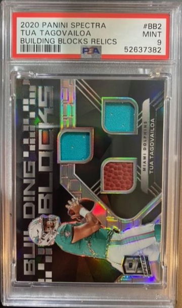 2020 Panini Spectra Tua Tagovailoa Building Blocks Relics 3 Patch Rookie Card Numbered 23/99 PSA 9 Mint Rare POP 2 