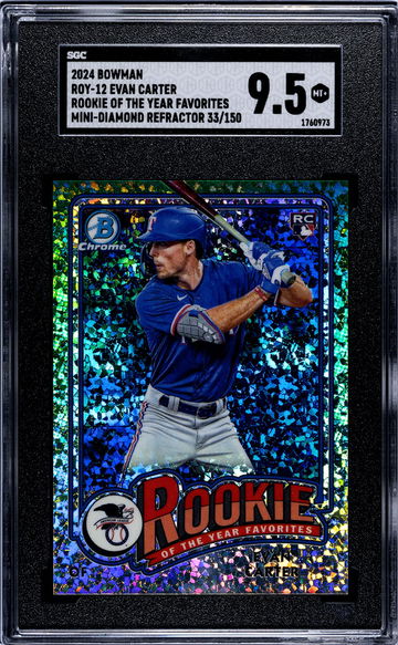 2024 Bowman #ROY-12 Evan Carter ROY Favorites Mini-Diamond Ref. /150 SGC 9.5