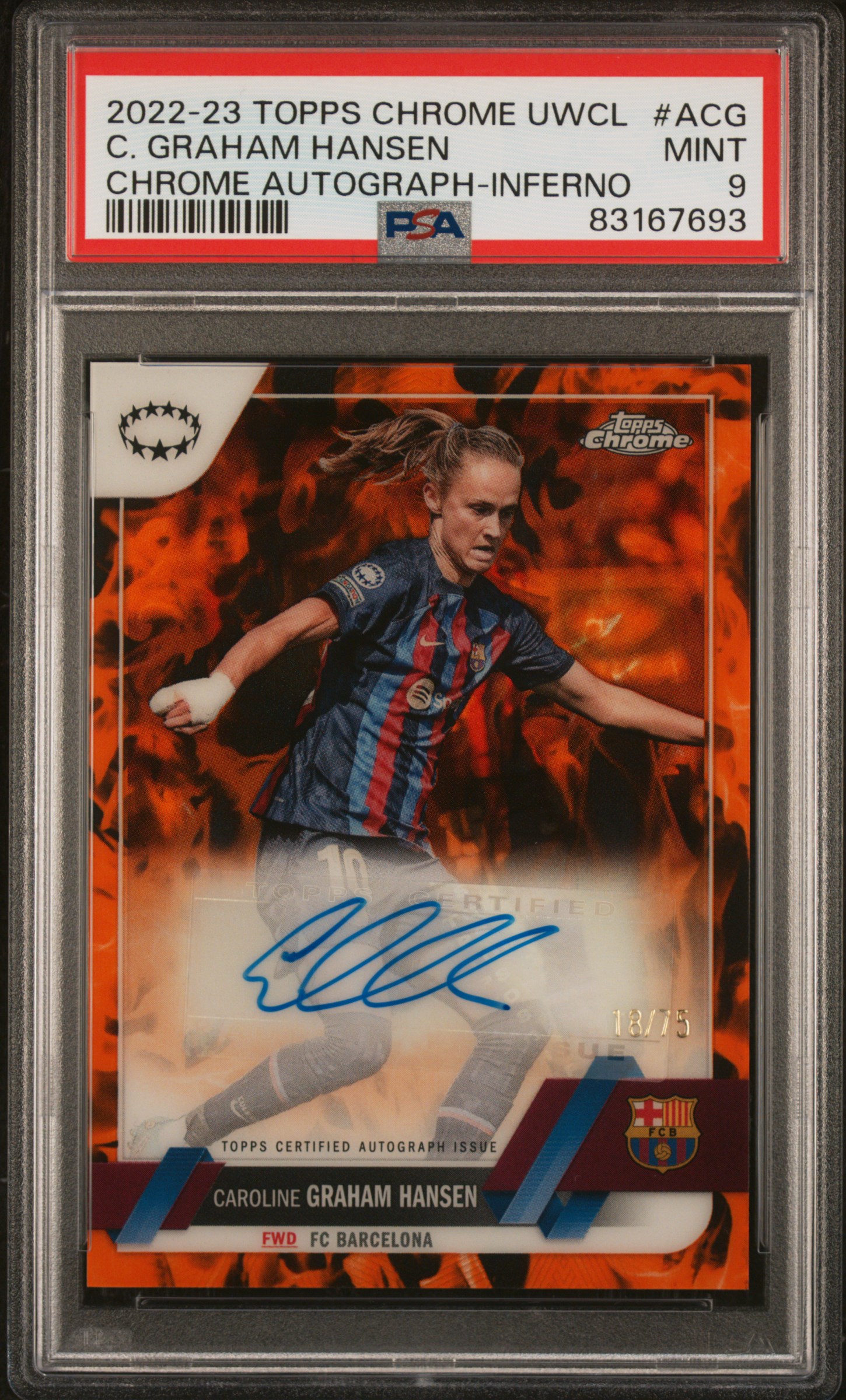 2022-23 Topps Chrome Auto Caroline Graham Hansen #ACG Inferno Auto /75 PSA 9