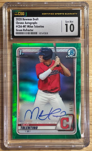 2020 Bowman Draft Chrome Autographs Milan Tolentino Green Refractor Auto #/99 Guardians Indians