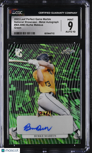 2023 Leaf Perfect Game Marble Burke Mabeus #MA-BM3 Green National Showcase - Metal Autograph CGC 9