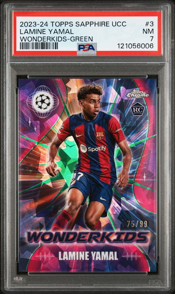 2023 Topps Chrome Sapphire Edition UEFA Club Competitions Wonderkids Sapphire Wonderkids-Green Lamine Yamal #3 /99 PSA 7