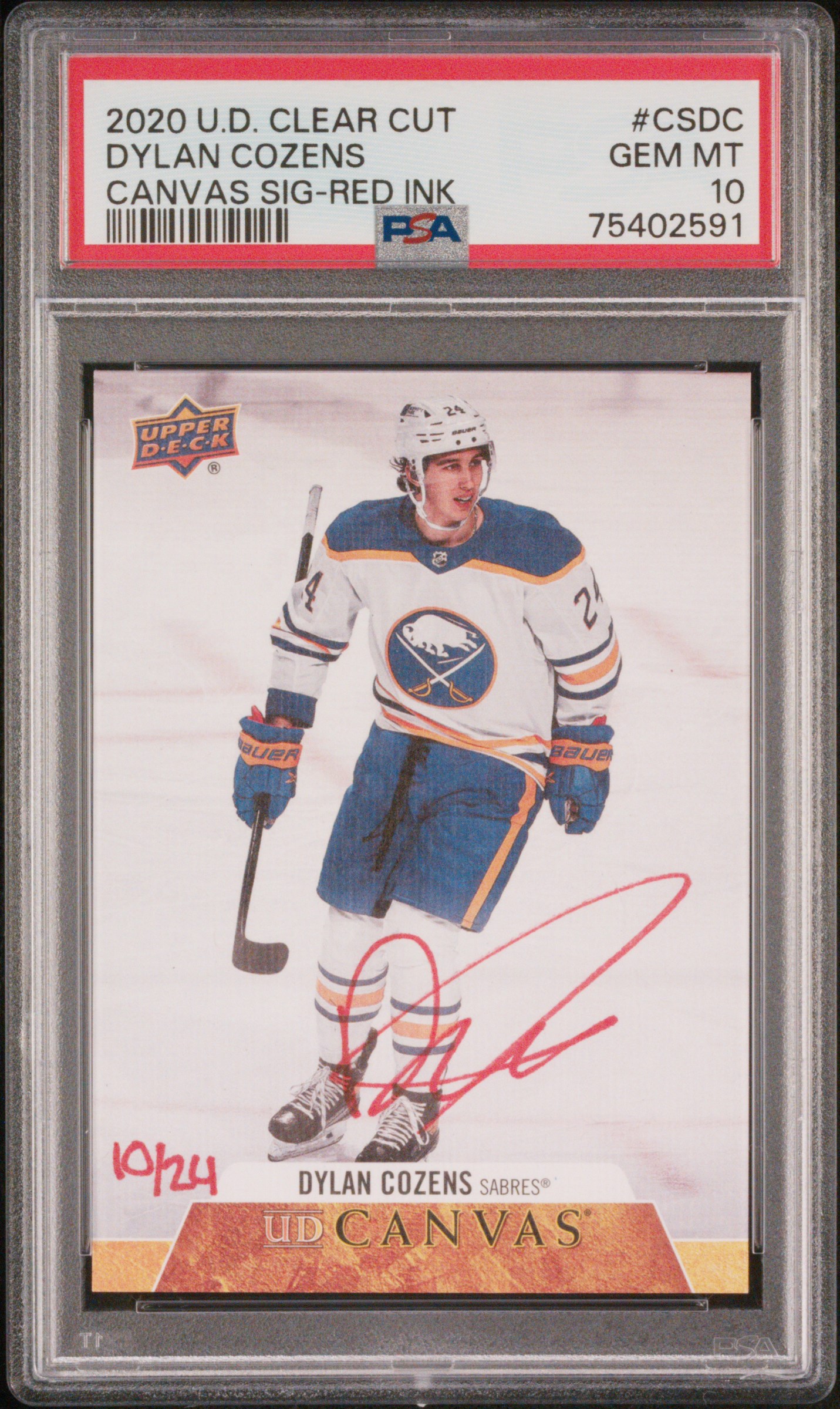 2020 Upper Deck Clear Cut Canvas Signatures Dylan Cozens Canvas Red Ink PSA 10