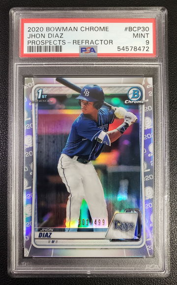 JHON DIAZ 2020 1st Bowman Chrome Silver Refractor RC /499 PSA 9 Tampa Bay Rays