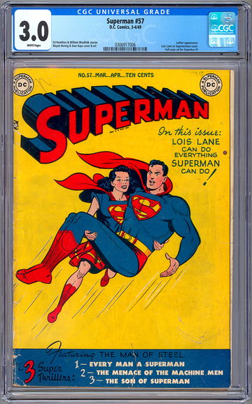 SUPERMAN #57 CGC 3.0 LOIS LANE aka SUPERWOMAN *SUPERBOY #1 FULL PAGE AD* 1949