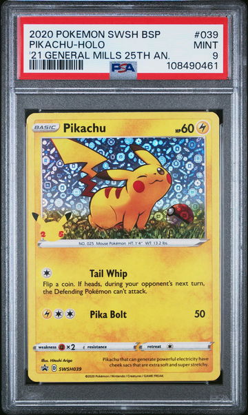 2020 Pokemon Sword and Shield Black Star Promo '21 General Mills 25th Anniversary Holo Pikachu #039 PSA 9